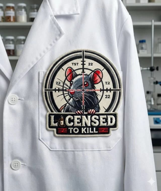 An embroidered Licensed to Kill rat-in-the-scope patch on a white lab coat