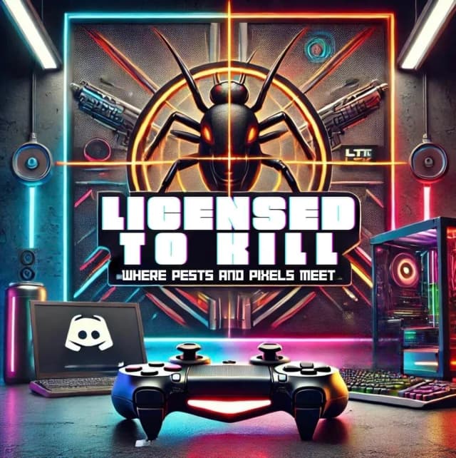 Licensed to Kill — where pests and pixels meet: a bug in a scope over a neon gaming setup with a controller and the Discord logo