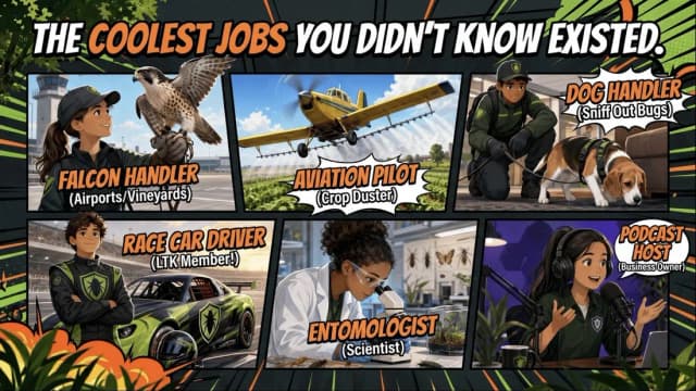 Slide: the coolest jobs you didn’t know existed — falcon handler, aviation pilot, dog handler, race car driver, entomologist, podcast host