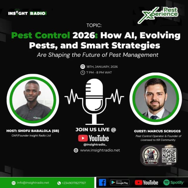 Insight Radio poster: Pest Control 2026 — how AI, evolving pests and smart strategies are shaping pest management, with guest Marcus Scruggs, January 18, 2026