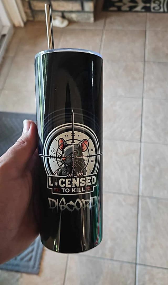 A black LTK tumbler with the Licensed to Kill rat-in-the-scope badge and Discord lettering