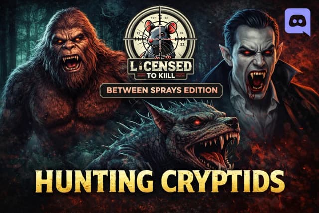 Between Sprays edition episode art: Hunting Cryptids, with Bigfoot, a vampire and a chupacabra around the LTK badge