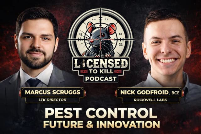 LTK Podcast episode art: Marcus Scruggs, LTK Director, and Nick Godfroid, BCE, of Rockwell Labs — pest control future and innovation