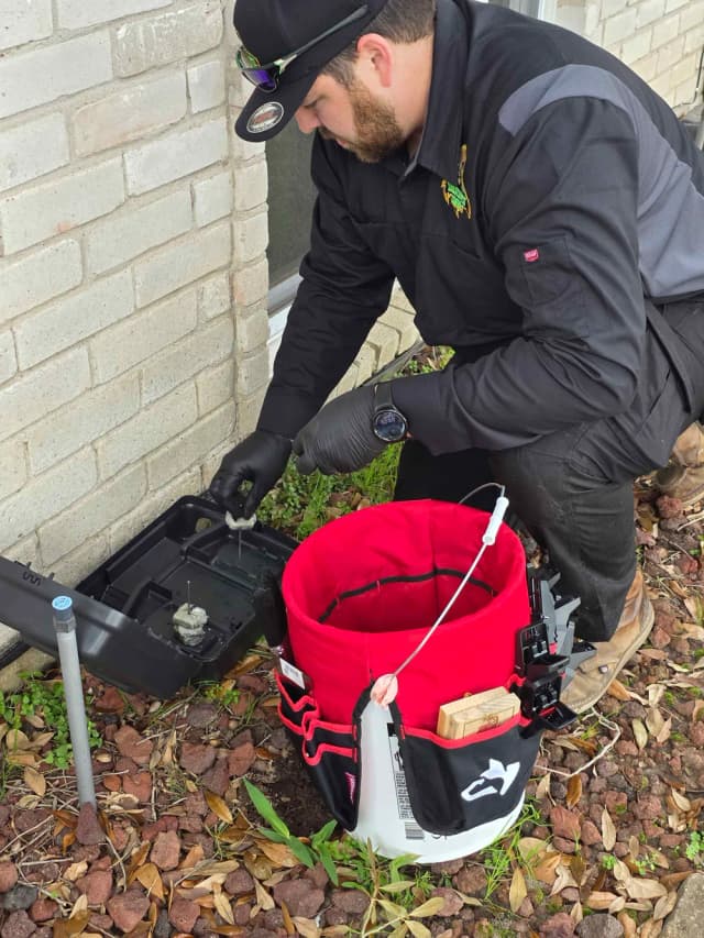 A tech in gloves servicing a rodent bait station against a brick wall, a tool bucket beside him