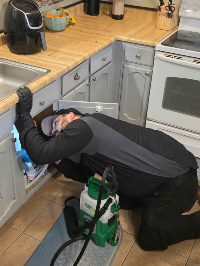 A tech on his knees inspecting under a kitchen sink with a flashlight, a sprayer on the floor