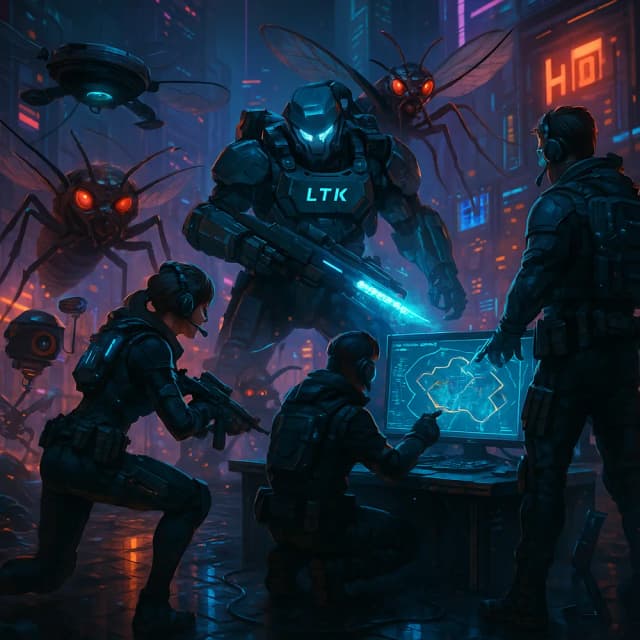 An LTK squad in tactical gear with headsets taking on giant glowing-eyed mosquitoes in a neon city