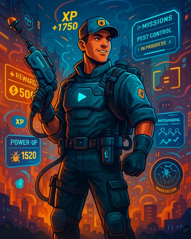 An illustrated pest tech with a sprayer surrounded by game HUD panels: XP, missions, power-ups