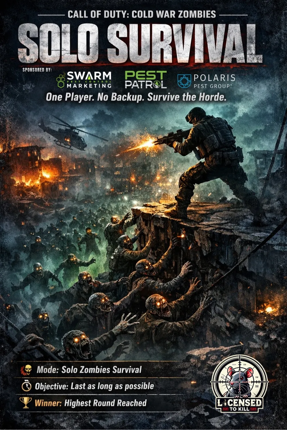 Call of Duty Cold War Zombies Solo Survival poster: a soldier on a ledge above a zombie horde. Mode: solo zombies survival; winner: highest round reached.