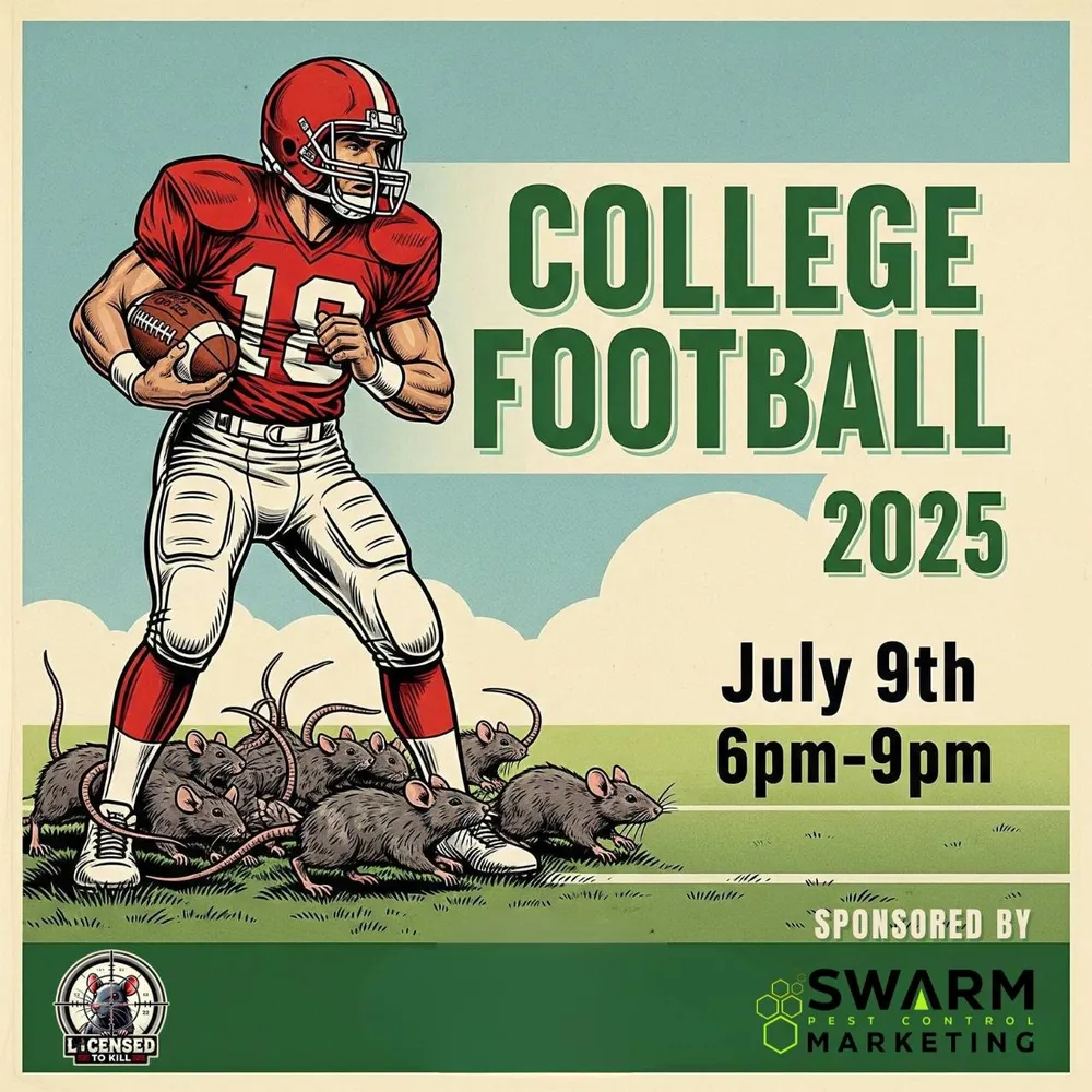 College Football 2025 poster: a player standing over a pack of rats, July 9th, 6 to 9 PM, sponsored by Swarm Pest Control Marketing.