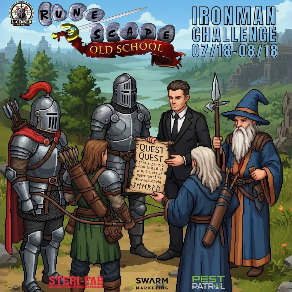 Old School RuneScape Ironman Challenge, July 18 to August 18, with Steri-Fab, Swarm and Pest Patrol logos.