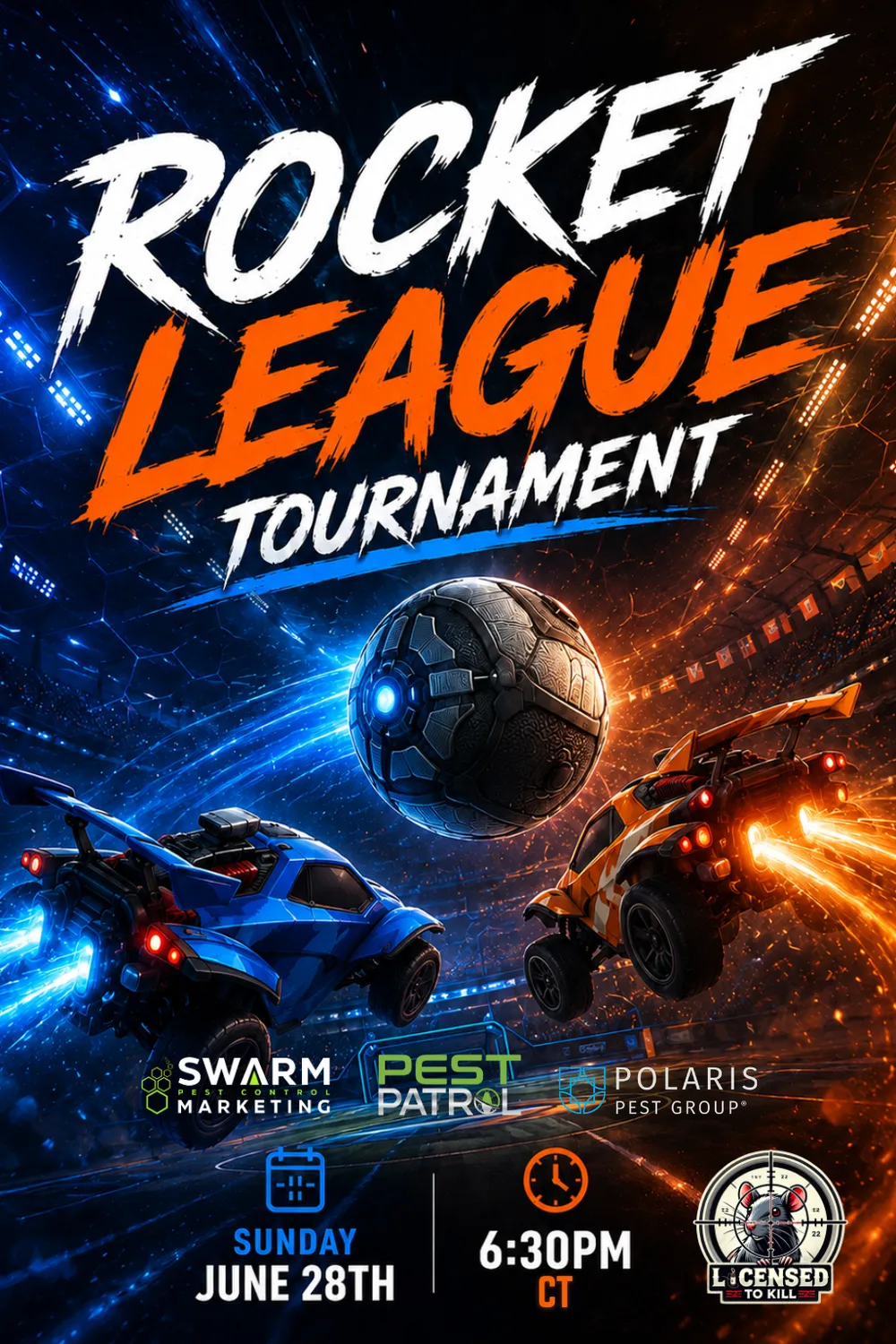 Rocket League Tournament poster: two rocket cars and the ball, Sunday June 28th, 6:30 PM CT, with Swarm, Pest Patrol, Polaris and LTK logos.