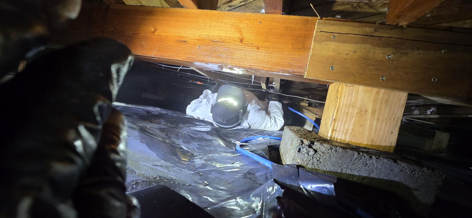 A technician in a white suit and headlamp working under the joists of a crawlspace
