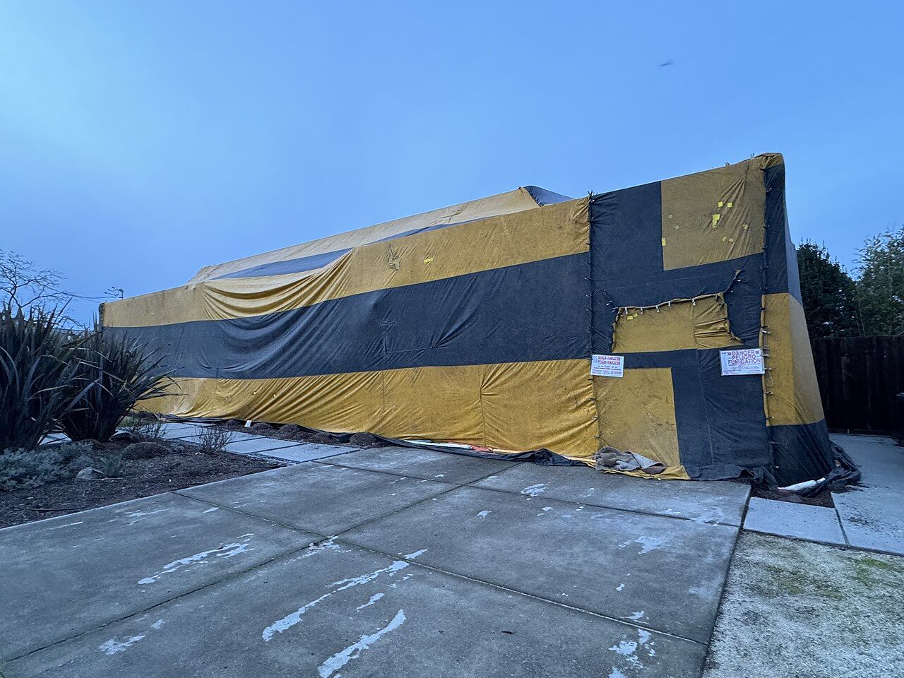 A building fully tented in striped fumigation tarps